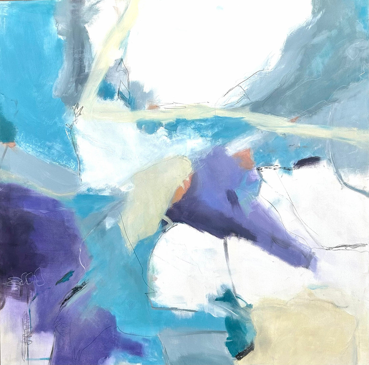 A square 36x36 original abstract oil painting titled After the Fact by Kari Bell, featuring energetic fields of violet, cerulean blue, and soft cream with gestural marks on a luminous white background at Mitsooz.