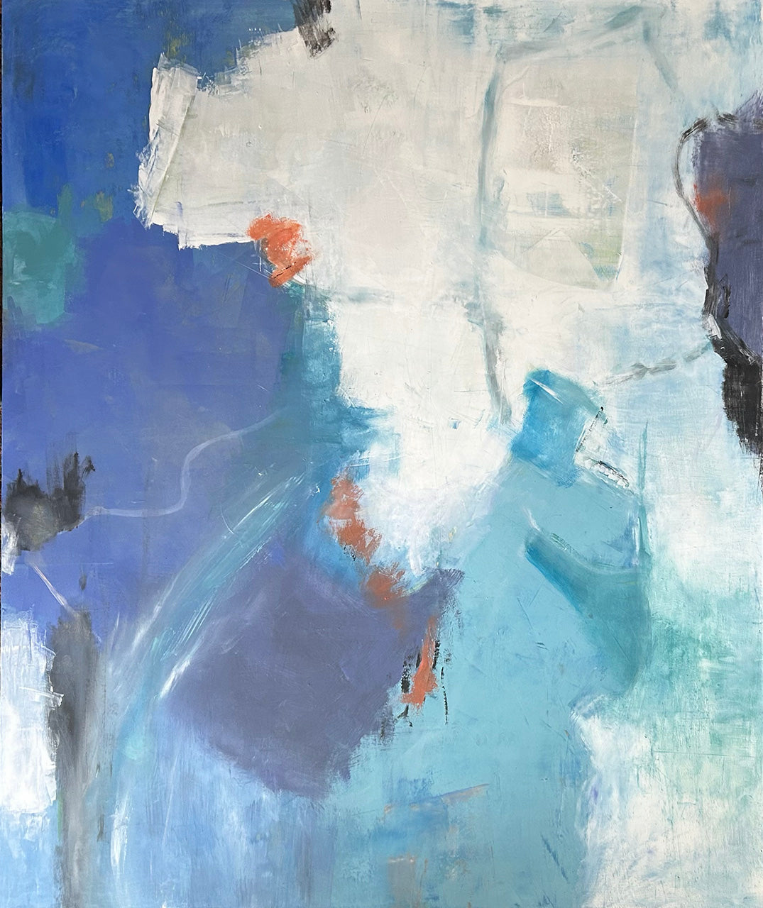 A vertical 36x30 original oil and cold wax abstract painting titled After the Storm by Kari Bell. The Work features sweeping fields of cerulean, indigo, and luminous white with textured marks and pops of terracotta on Mitsooz.