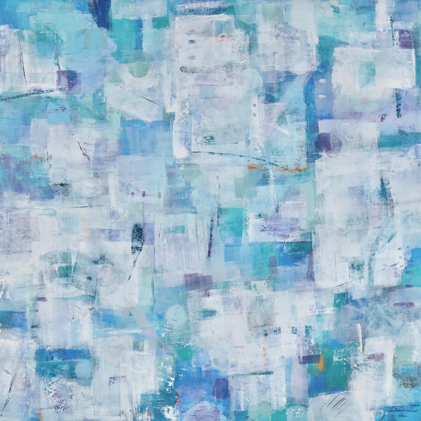 A square 36x36 original abstract painting titled Ancestors by Kari Bell. The Work is composed of a complex grid of cerulean, indigo, and luminous white oil and cold wax on cradled panel. The surface shows a high degree of tactile excavation, reflecting a layered history of memory and discovery on Mitsooz.