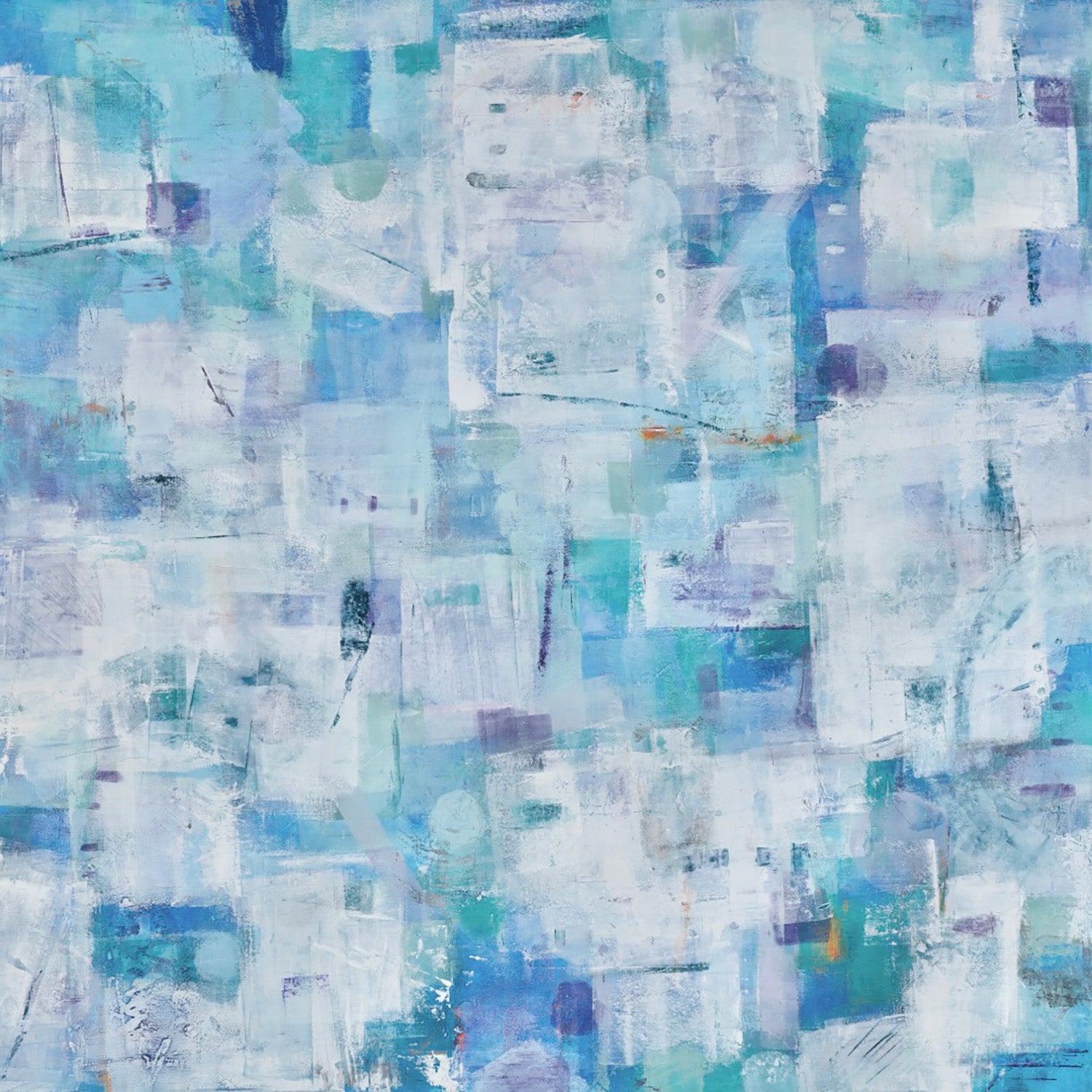 A square 36x36 original abstract painting titled Ancestors by Kari Bell. The Work is composed of a complex grid of cerulean, indigo, and luminous white oil and cold wax on cradled panel. The surface shows a high degree of tactile excavation, reflecting a layered history of memory and discovery on Mitsooz.