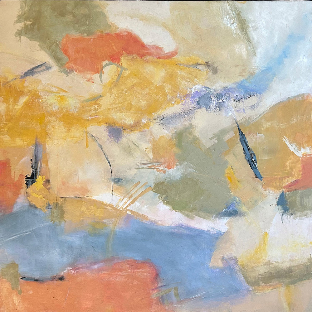 A square 24x24 original abstract painting titled Cochiti by Kari Bell. The Work features thick, excavated layers of oil and cold wax in ochre, terracotta, and soft cerulean blue, reflecting the geological spirit of New Mexico on Mitsooz.
