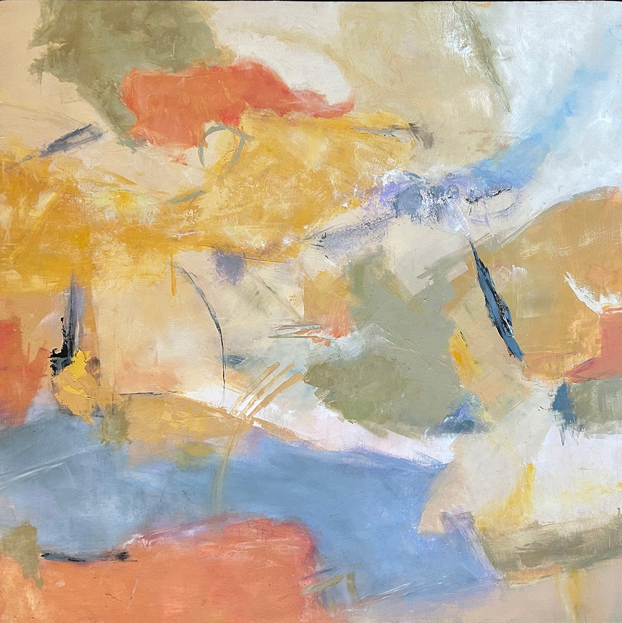 A square 24x24 original abstract painting titled Cochiti by Kari Bell. The Work features thick, excavated layers of oil and cold wax in ochre, terracotta, and soft cerulean blue, reflecting the geological spirit of New Mexico on Mitsooz.