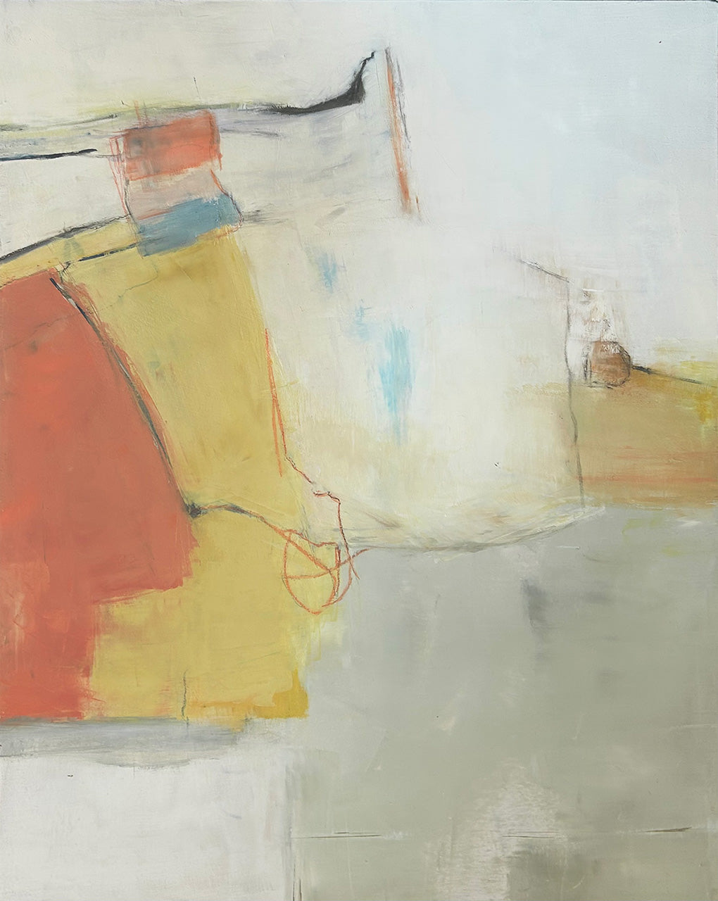 A multi-directional 20x16 original abstract painting titled Crossing by Kari Bell featuring terracotta and ochre oil and cold wax on cradled panel at Mitsooz.