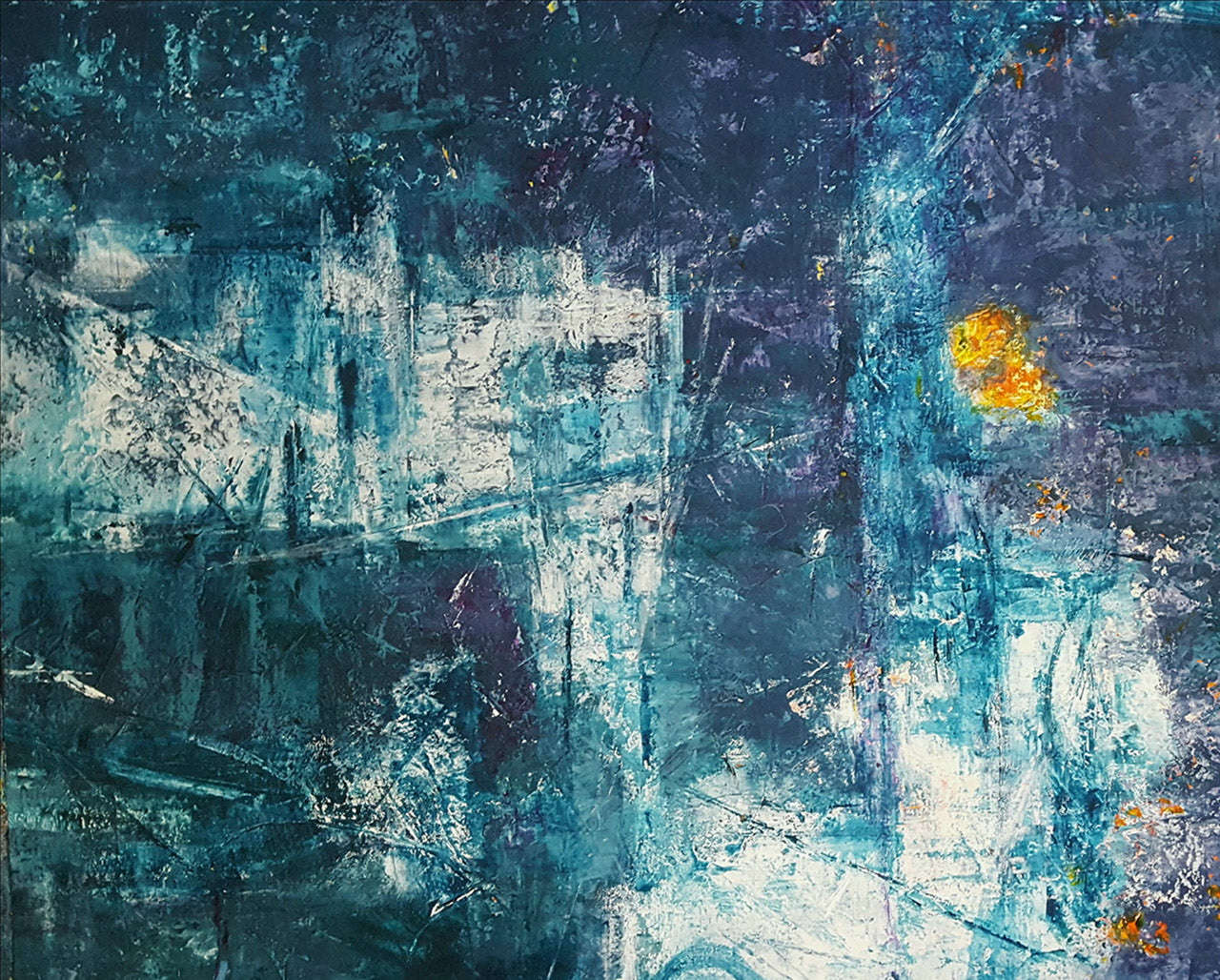 A horizontal 16x20 original abstract painting titled Desert Moon by Kari Bell, featuring deep indigo and cerulean oil and cold wax textures with a luminous yellow moon on a cradled panel at Mitsooz.