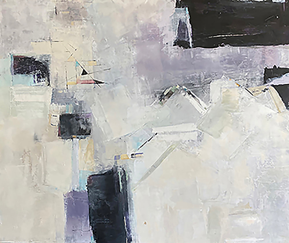 A horizontal 30x36 original abstract painting titled Pueblo Lands by Kari Bell, featuring high-contrast fields of creamy white, soft lavender, and deep black. The Work on cradled panel displays thick, excavated textures of oil and cold wax at Mitsooz.