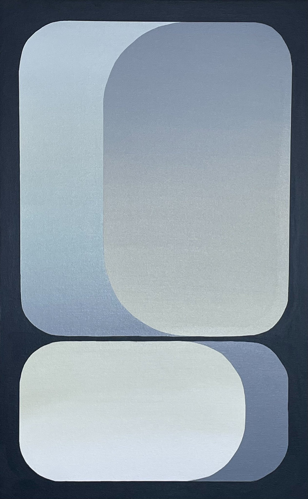 Vertical 15x24 original abstract painting titled Rising by Kevin Cross featuring overlapping rounded geometric fields in slate grey and luminous silver white gradients on Mitsooz.