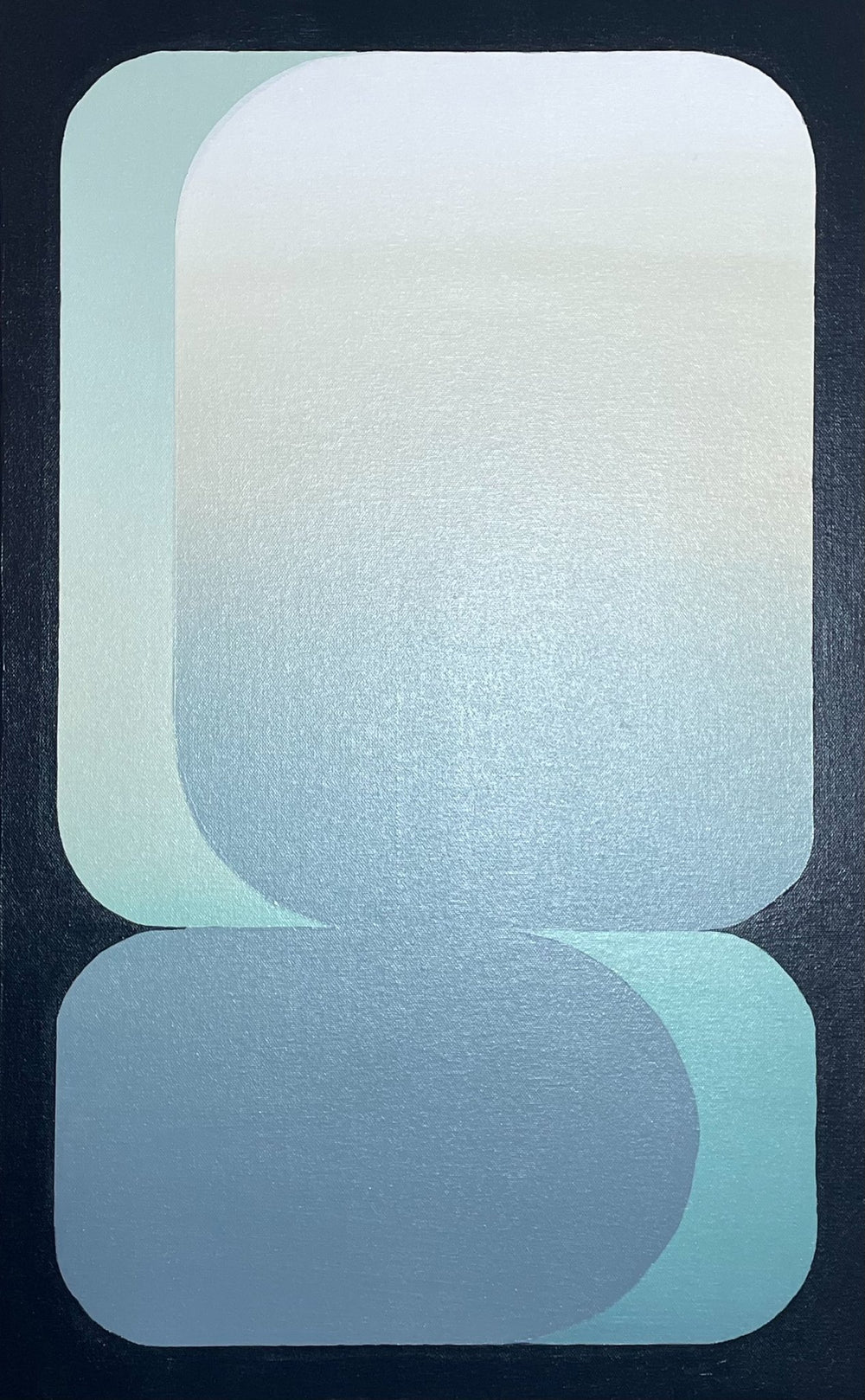 Vertical 15x24 original abstract painting titled Setting by Kevin Cross featuring overlapping rounded geometric fields in seafoam green, misty blue, and soft white on Mitsooz.