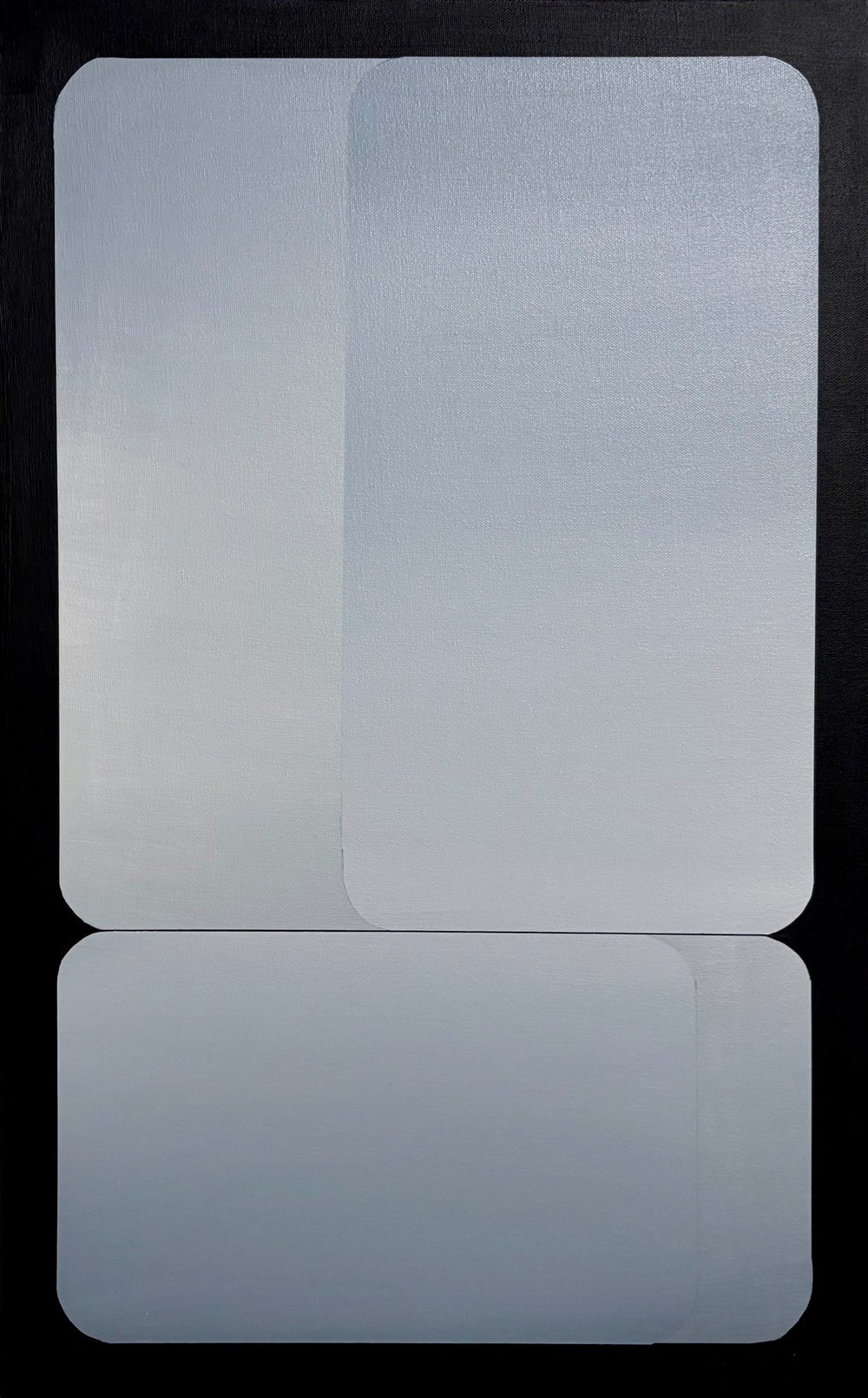 A vertical 15x24 original abstract painting titled Stacked by Kevin Cross, featuring overlapping rounded rectangular fields in cool silver, slate grey, and pale blue gradients against a black background on Mitsooz.