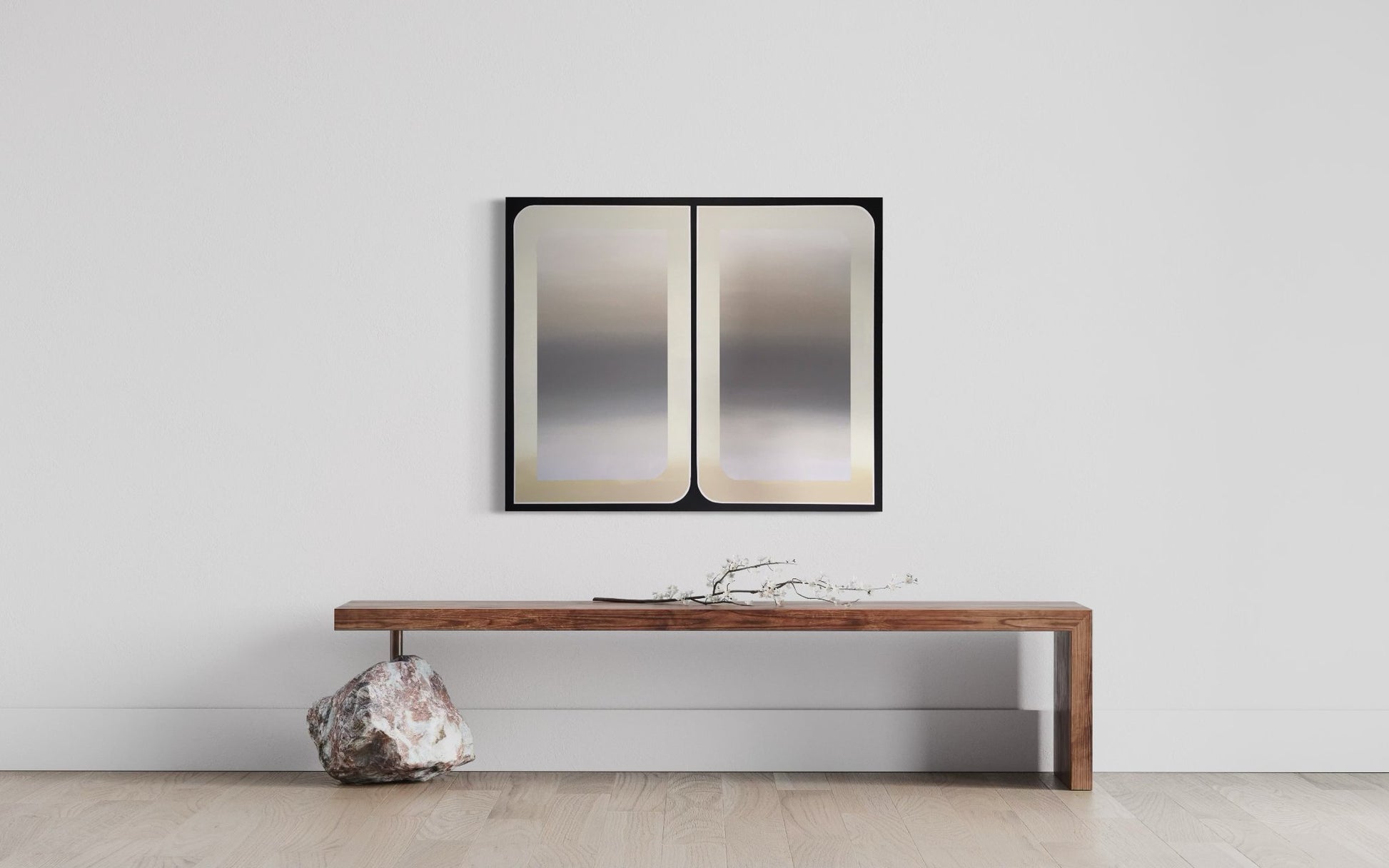 A 30x36 original atmospheric abstract painting titled The View 2 by Kevin Cross displayed in a minimalist modern interior above a wooden bench with a unique stone support on Mitsooz.