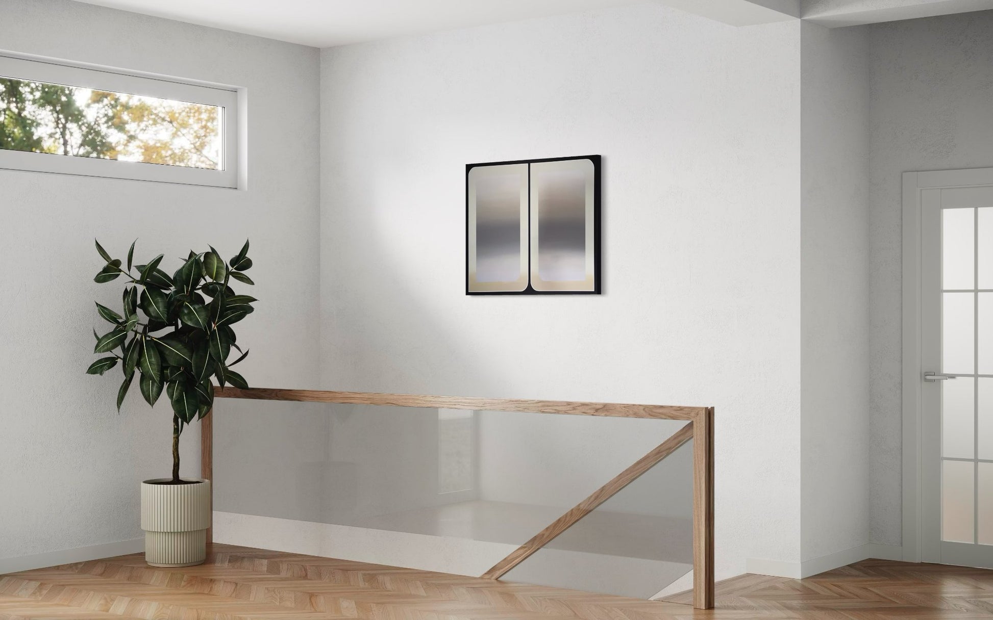 A large vertical original abstract painting titled The View 2 by Kevin Cross hanging in a bright modern hallway landing with glass railings and a large potted plant on Mitsooz.