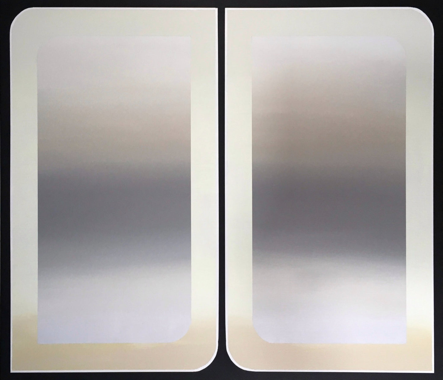Vertical 30x36 original abstract painting titled The View 2 by Kevin Cross featuring warm beige and grey gradients peering through dual window portals on Mitsooz.