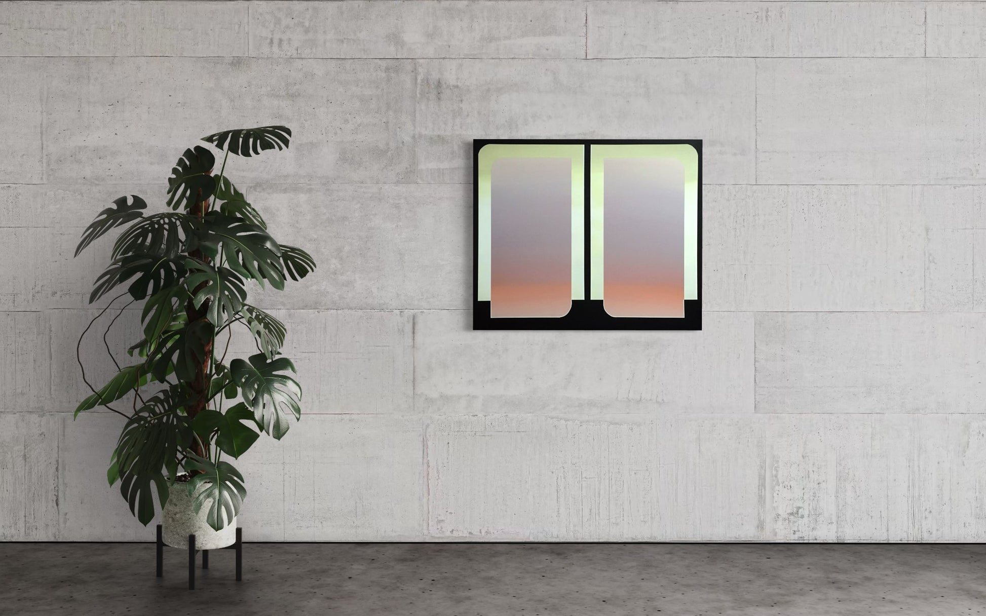 A 30x36 original atmospheric abstract painting titled The View 3 by Kevin Cross hanging on a textured industrial concrete wall next to a large Monstera plant on Mitsooz.