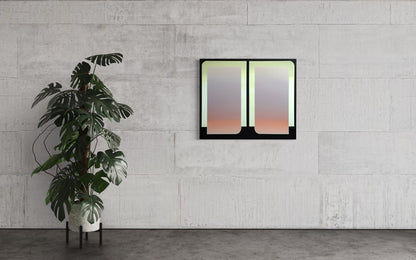 A 30x36 original atmospheric abstract painting titled The View 3 by Kevin Cross hanging on a textured industrial concrete wall next to a large Monstera plant on Mitsooz.