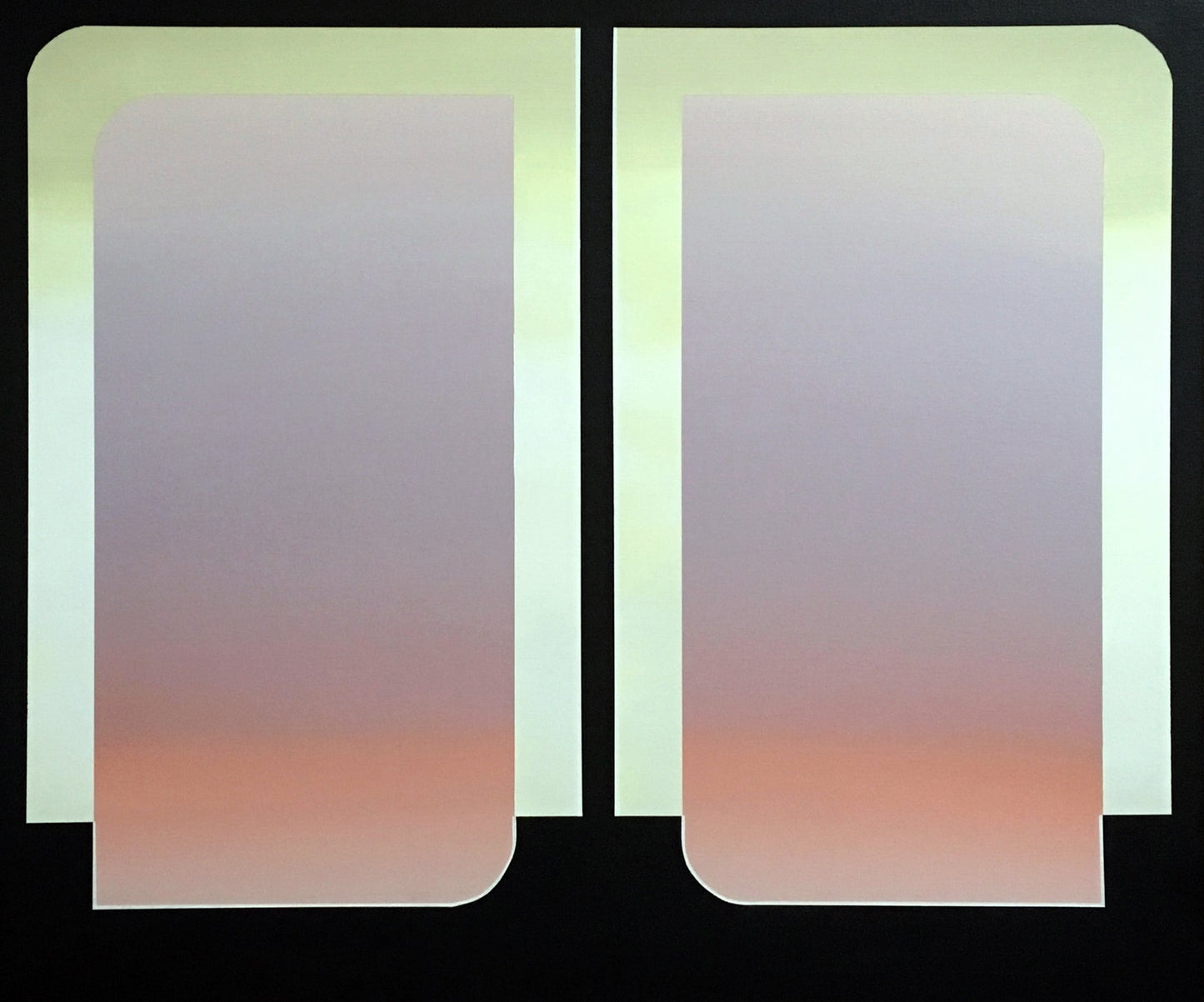 Vertical 30x36 original abstract painting titled The View 3 by Kevin Cross featuring a peach and lavender atmospheric gradient peering through a window portal on Mitsooz.