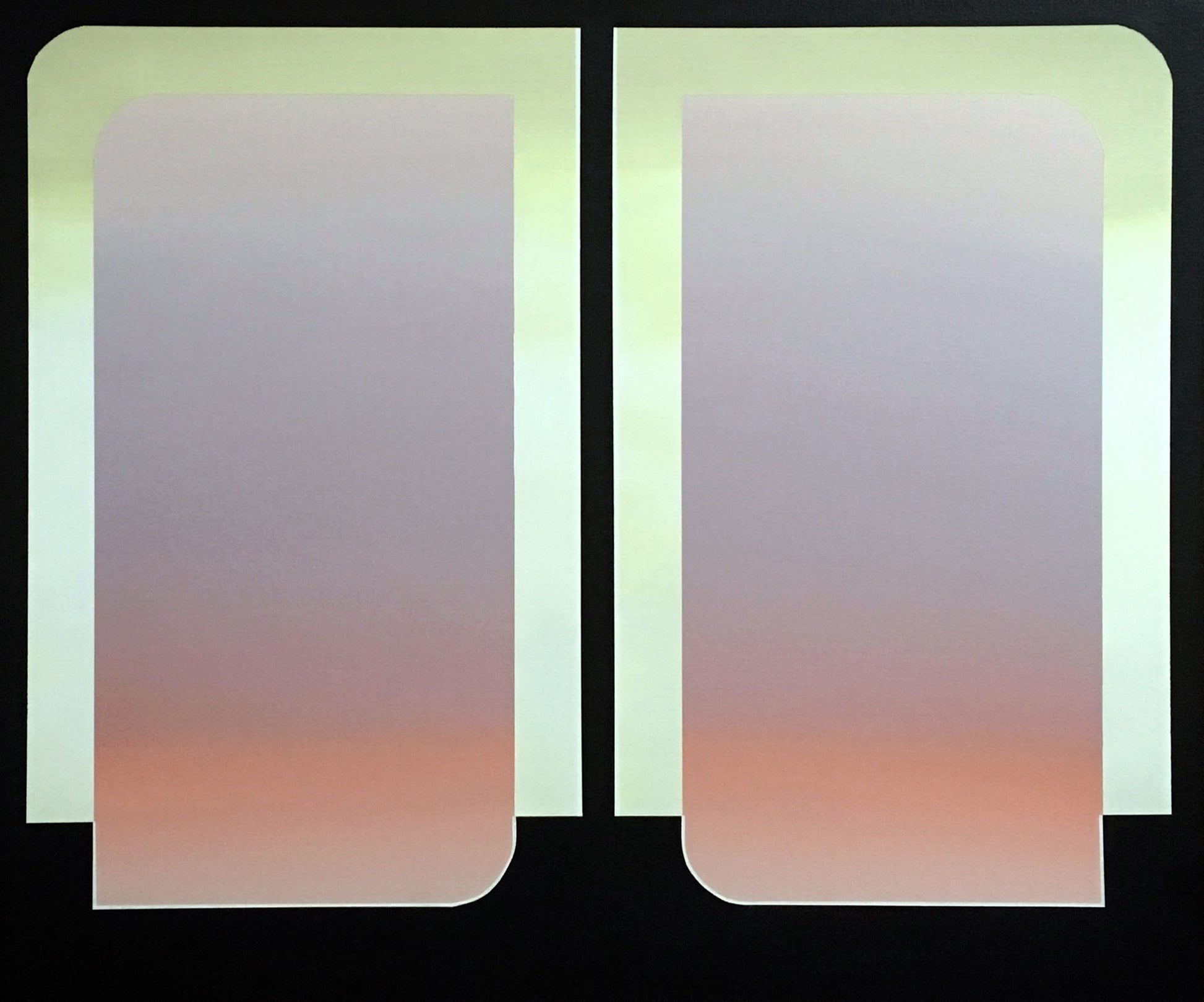 Vertical 30x36 original abstract painting titled The View 3 by Kevin Cross featuring a peach and lavender atmospheric gradient peering through a window portal on Mitsooz.