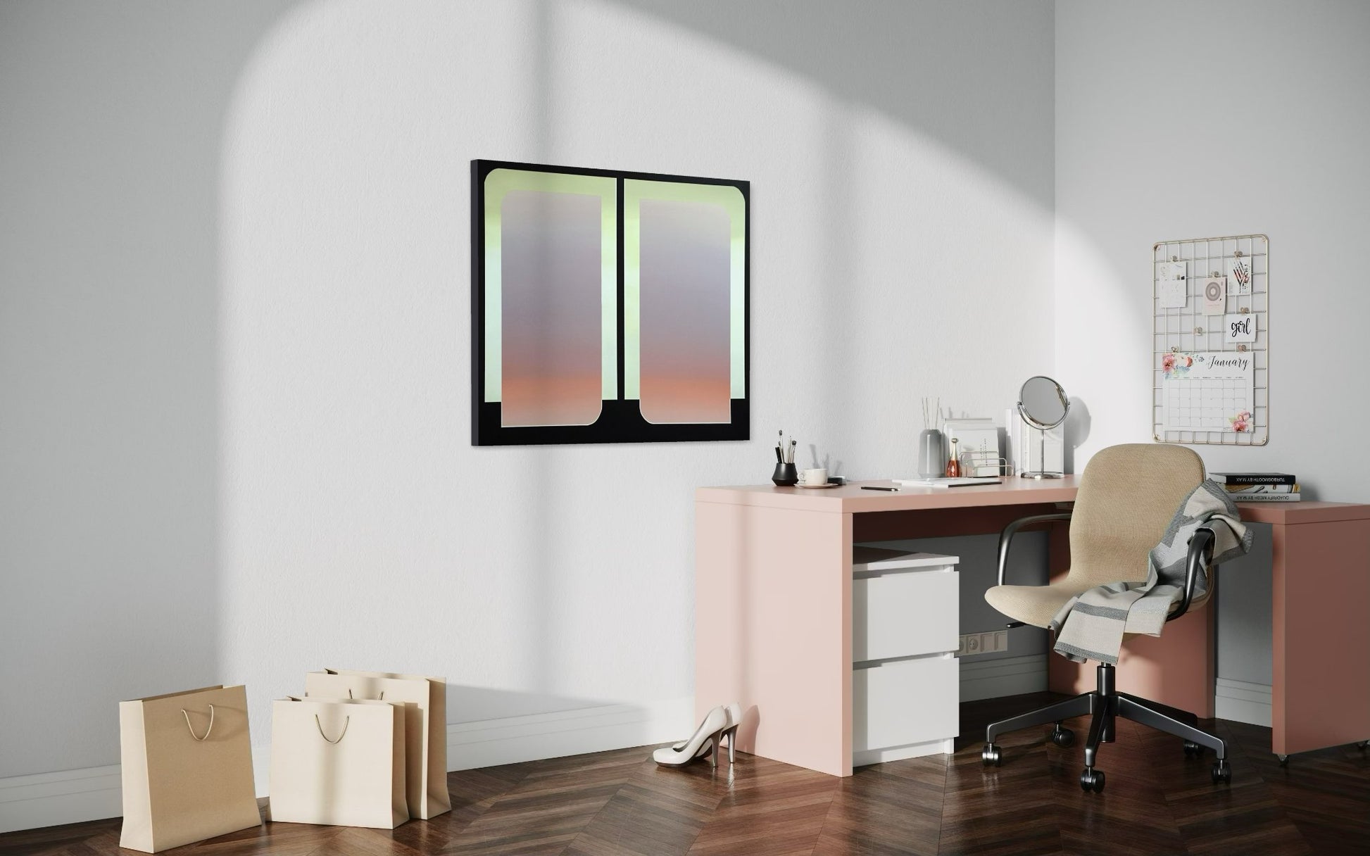 A 30x36 original atmospheric abstract painting titled The View 3 by Kevin Cross displayed in a bright modern home office above a pink desk on Mitsooz.