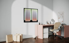 A 30x36 original atmospheric abstract painting titled The View 3 by Kevin Cross displayed in a bright modern home office above a pink desk on Mitsooz.