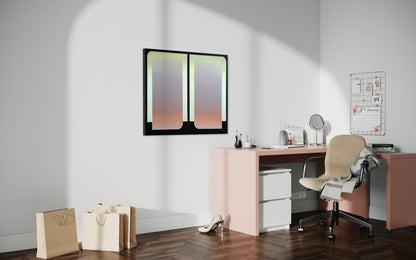A 30x36 original atmospheric abstract painting titled The View 3 by Kevin Cross displayed in a bright modern home office above a pink desk on Mitsooz.