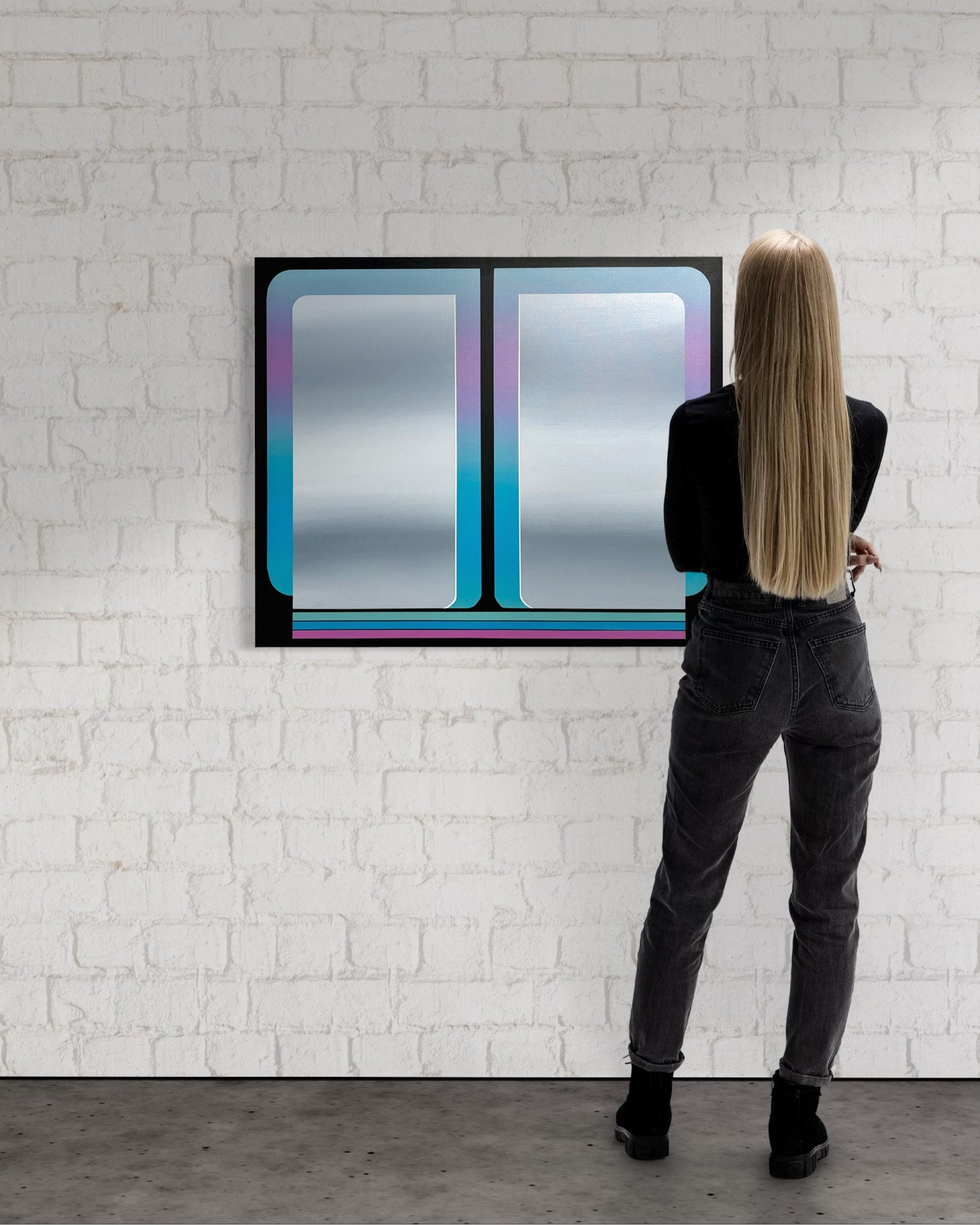 A vertical 30x36 original atmospheric abstract painting titled The View 5 by Kevin Cross, featuring a vibrant cyan and violet gradient with electric neon stripes at the base. The Work is displayed on a textured white brick wall in a minimalist gallery setting being viewed by a collector from behind at Mitsooz.