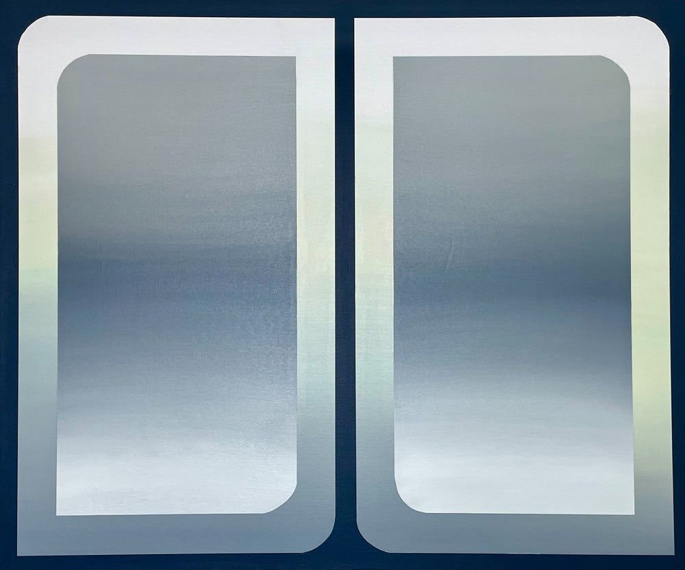 A vertical original abstract painting titled The View by Kevin Cross featuring a dual panel gradient in shades of blue and grey within rounded window frames on Mitsooz.