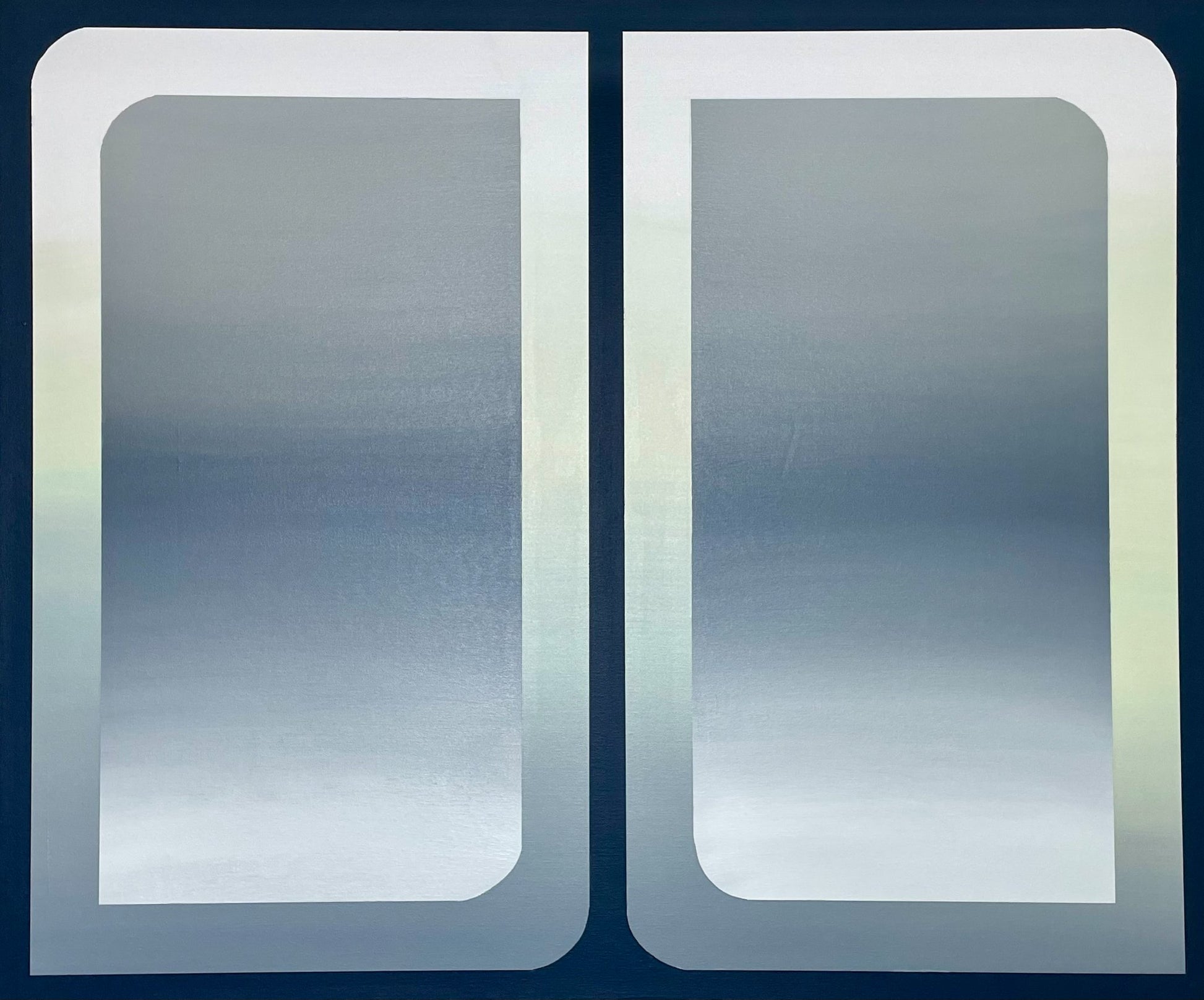 A vertical original abstract painting titled The View by Kevin Cross featuring a dual panel gradient in shades of blue and grey within rounded window frames on Mitsooz.