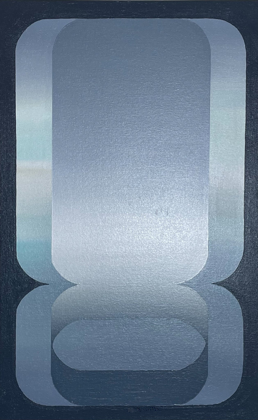 A vertical 15x24 original abstract painting titled Wide Open by Kevin Cross, featuring overlapping rounded geometric fields in cool charcoal, slate grey, and luminous silver-grey gradients on Mitsooz.