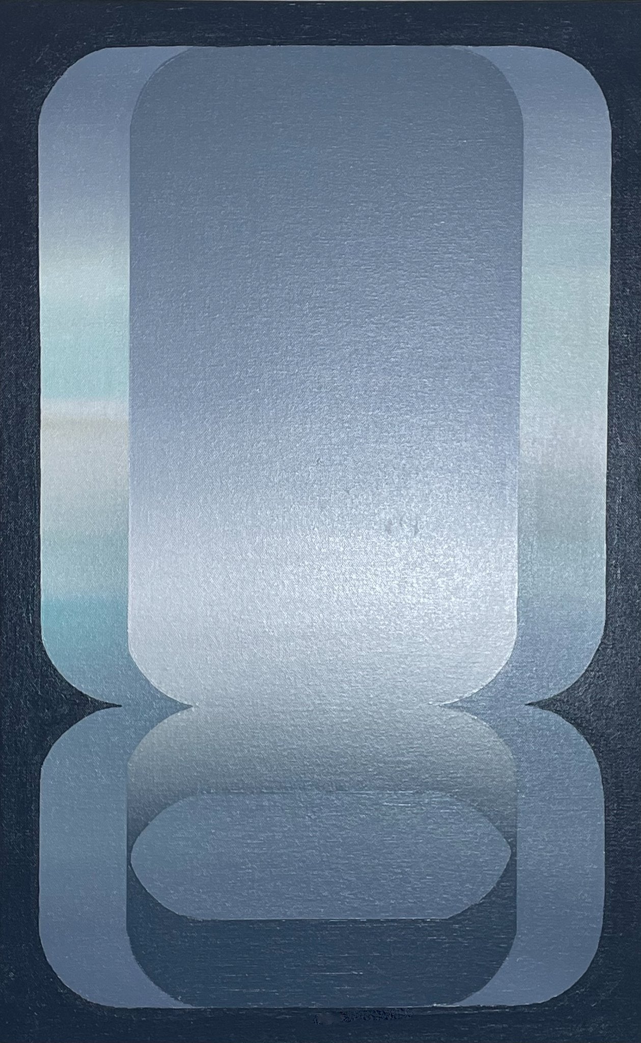 A vertical 15x24 original abstract painting titled Wide Open by Kevin Cross, featuring overlapping rounded geometric fields in cool charcoal, slate grey, and luminous silver-grey gradients on Mitsooz.
