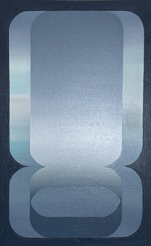A vertical 15x24 original abstract painting titled Wide Open by Kevin Cross, featuring overlapping rounded geometric fields in cool charcoal, slate grey, and luminous silver-grey gradients on Mitsooz.