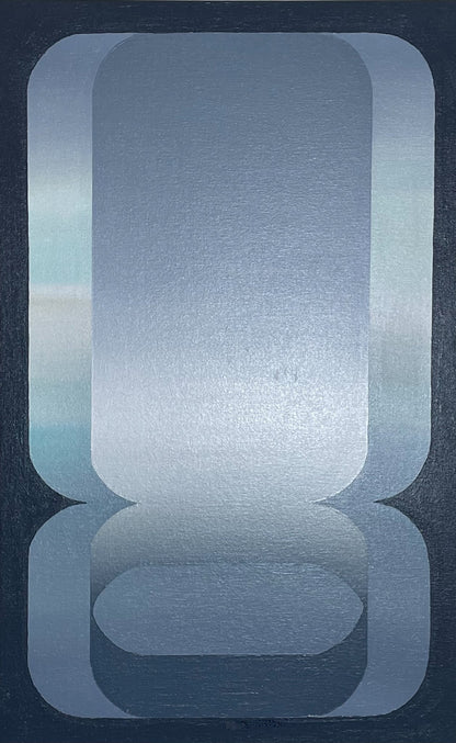A vertical 15x24 original abstract painting titled Wide Open by Kevin Cross, featuring overlapping rounded geometric fields in cool charcoal, slate grey, and luminous silver-grey gradients on Mitsooz.