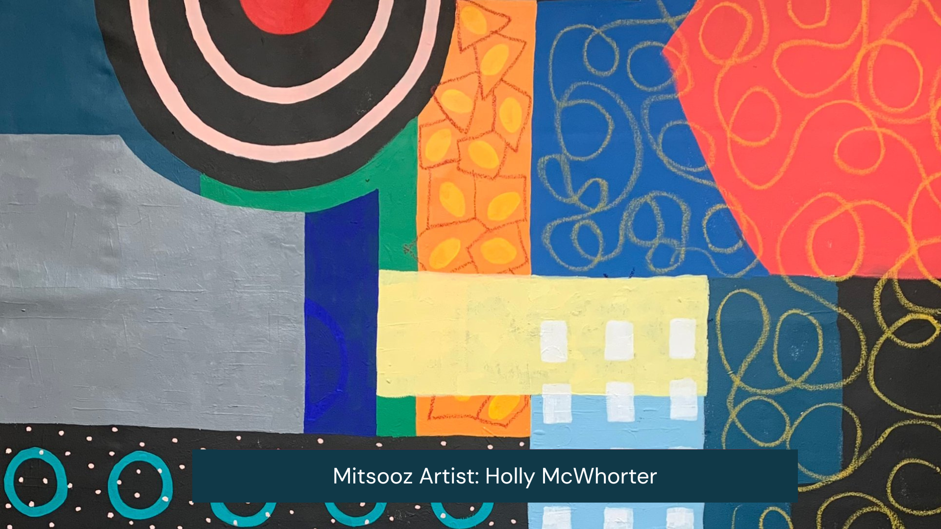 Vibrant abstract painting by Mitsooz artist Holly McWhorter featuring bold geometric shapes, rhythmic patterns, and a rich palette of primary colors on a large-scale canvas.