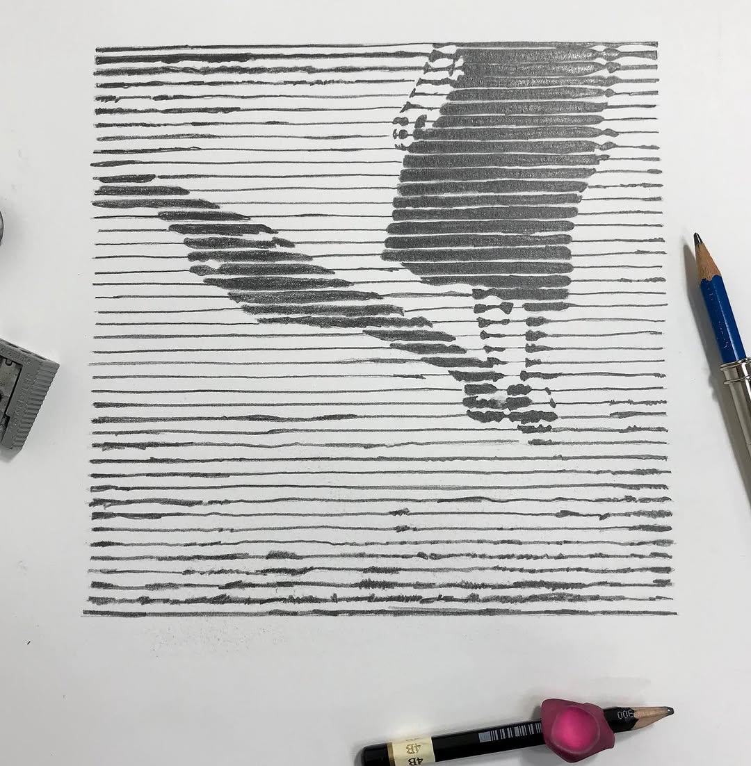 A close-up view of Charles Buckley's technical process on Mitsooz, showing the hand-drawn horizontal lines that create the striated effect.