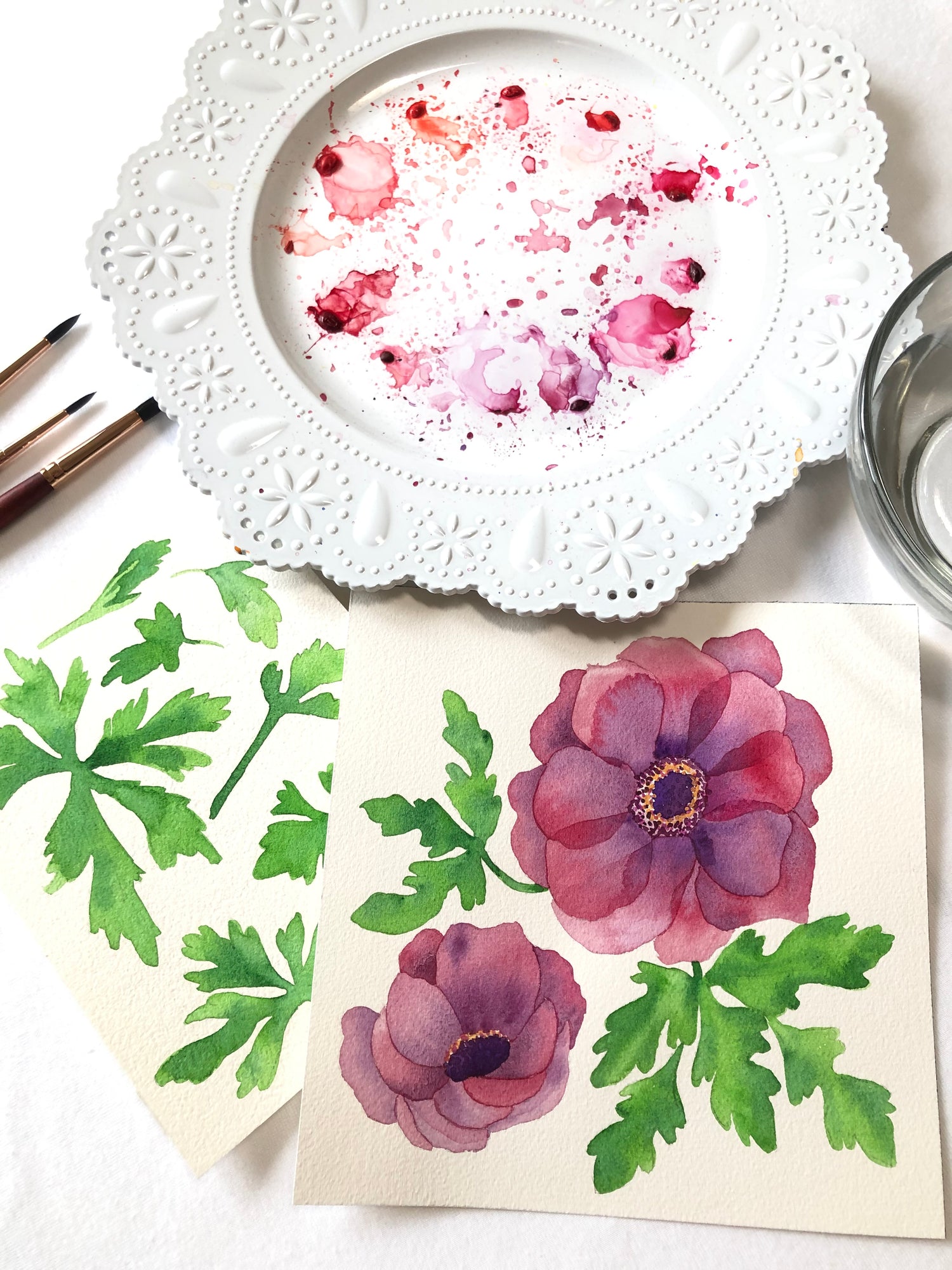 Detail of Ruth's decorative plate watercolor palette and botanical anemone sketches on Mitsooz.