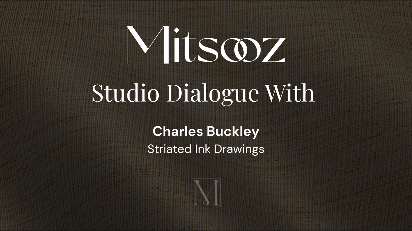 A title card for a "Mitsooz Studio Dialogue" featuring artist Charles Buckley. The text "Striated Ink Drawings" is displayed below his name against a dark, fine-lined textured background that mirrors the artist's signature style.