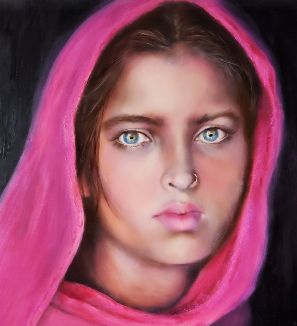 A 24x24 square original photorealistic oil portrait titled Afghan Girl by Nersel Muehlen, showcasing a subject with an unwavering gaze and striking green eyes. The figure is wrapped in a luminous magenta headscarf that provides a high-contrast glow against a deep black background, rendered with master level Old Master glaze techniques on Mitsooz.