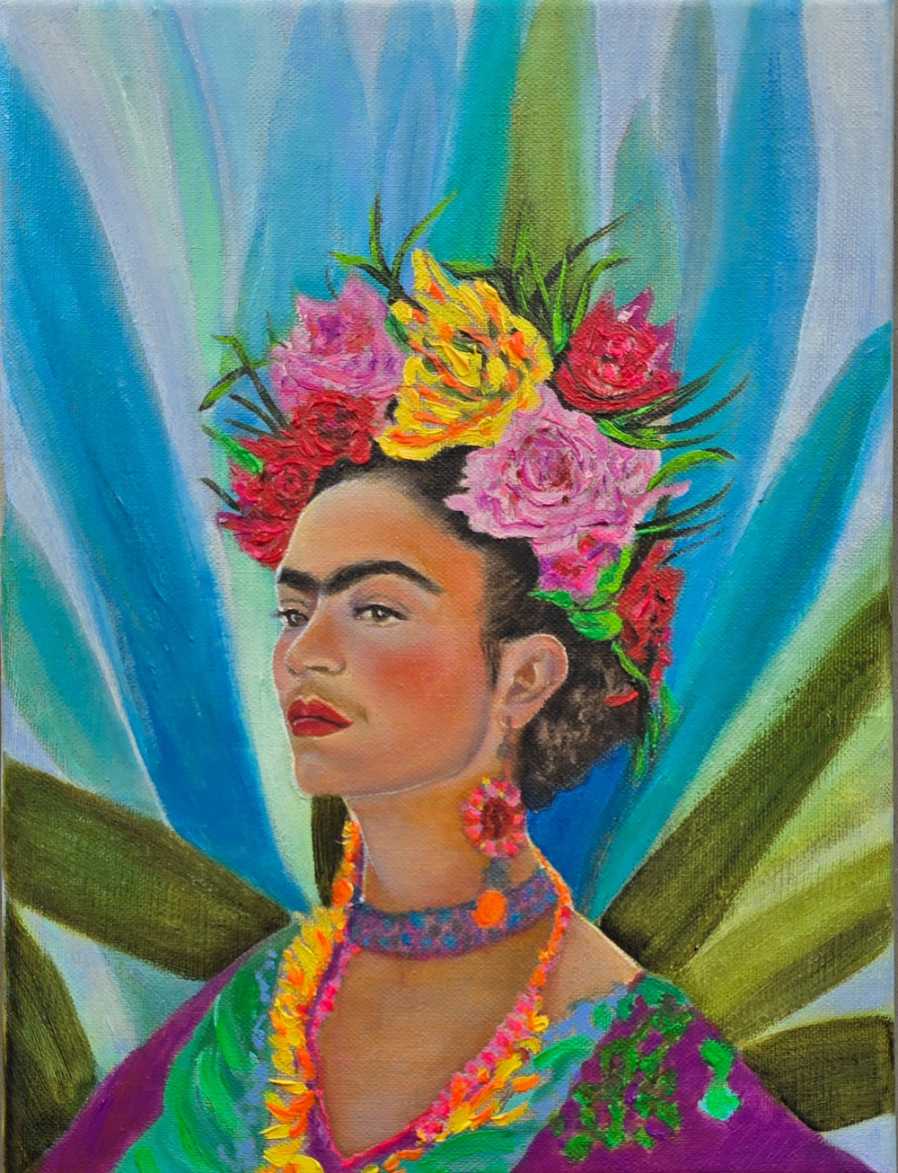 A vertical original oil painting titled Colorful Frida by Nersel Muehlen featuring an iconic figure in a vibrant floral crown against a tropical blue background on Mitsooz.