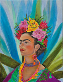 A vertical original oil painting titled Colorful Frida by Nersel Muehlen featuring an iconic figure in a vibrant floral crown against a tropical blue background on Mitsooz.