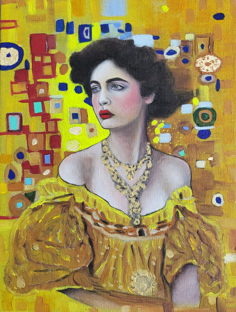 Vertical 9x12 original oil portrait titled Flappers in Full Bloom I by Nersel Muehlen featuring a woman with red lips and an ornate gold Klimt style background on Mitsooz.