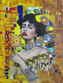 Vertical 9x12 original oil portrait titled Flappers in Full Bloom II by Nersel Muehlen featuring an elegant woman in a gold dress with an ornate mosaic background on Mitsooz.