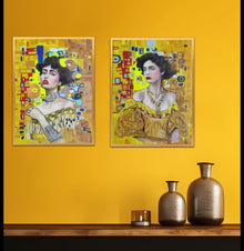 A set of two vertical original oil portraits titled Flappers in Full Bloom by Nersel Muehlen featuring elegant figures and gold Art Nouveau patterns on Mitsooz.