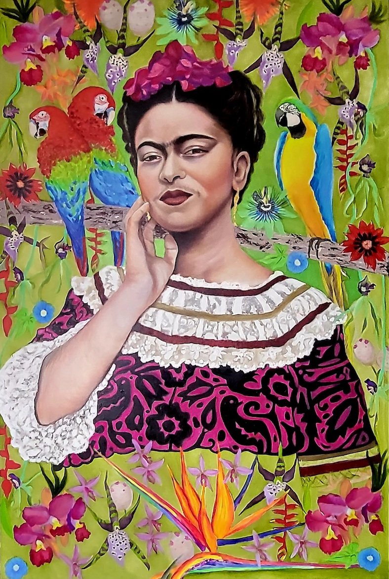 A vertical 40x60 original oil painting titled Frida Kahlo by Nersel Muehlen featuring the iconic artist in an authentic Mexican dress surrounded by vibrant parrots, tropical greenery, and exotic flowers including a bird of paradise, rendered with master level photorealism on Mitsooz.