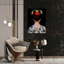 A vertical 9x12 original oil painting titled Geisha's Grace by Nersel Muehlen hanging in a luxury dark interior. The painting features a geisha with an intricate red and gold hair arrangement, styled on a dark patterned wall above a modern lounge chair and a gold globe lamp on Mitsooz.