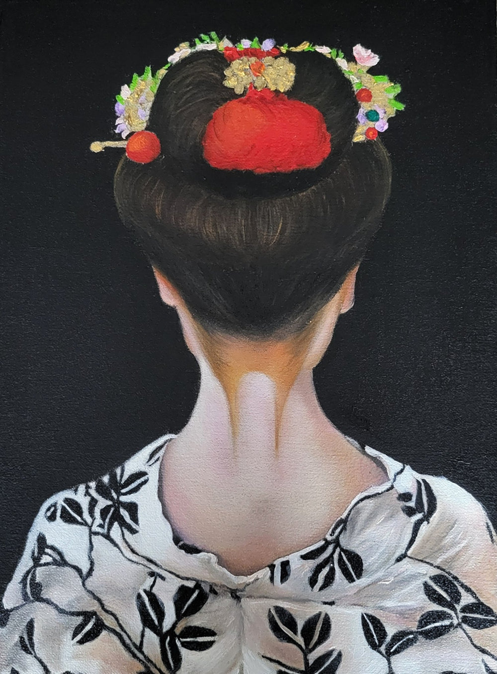 A vertical 9x12 original oil painting titled Geisha's Grace by Nersel Muehlen, featuring the back of a geisha's head and neck. The subject is adorned with an intricate black and white kimono and vibrant red and floral hair ornaments, rendered with a luminous pearly glaze and photorealistic silk textures on Mitsooz.