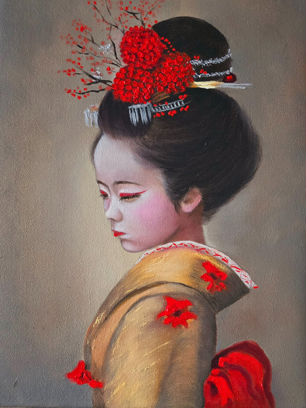 Vertical framed original oil painting titled Japanese Child by Nersel Muehlen featuring a young girl in a gold and red kimono with textured hair ornaments on Mitsooz.