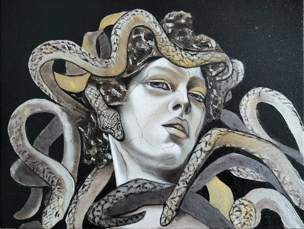 A horizontal original oil painting titled Mesmerizing Medusa by Nersel Muehlen featuring a monochromatic figure with metallic gold and silver snakes on Mitsooz.