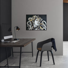 A horizontal original oil painting titled Mesmerizing Medusa by Nersel Muehlen hanging on a grey wall in a contemporary office setting above a dark wood desk and a grey designer chair on Mitsooz.