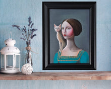 A vertical 9x12 original oil portrait titled Porcelain Keeper by Nersel Muehlen in a black wood frame on a rustic wooden shelf with lavender and a white lantern on Mitsooz.