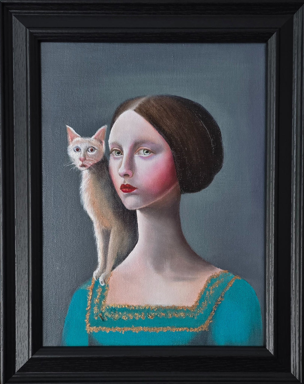 A vertical 9x12 original oil painting titled Porcelain Keeper by Nersel Muehlen featuring a woman in a teal dress with a white cat on her shoulder in a black frame on Mitsooz.