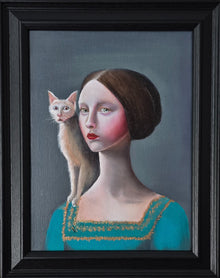 A vertical 9x12 original oil painting titled Porcelain Keeper by Nersel Muehlen featuring a woman in a teal dress with a white cat on her shoulder in a black frame on Mitsooz.