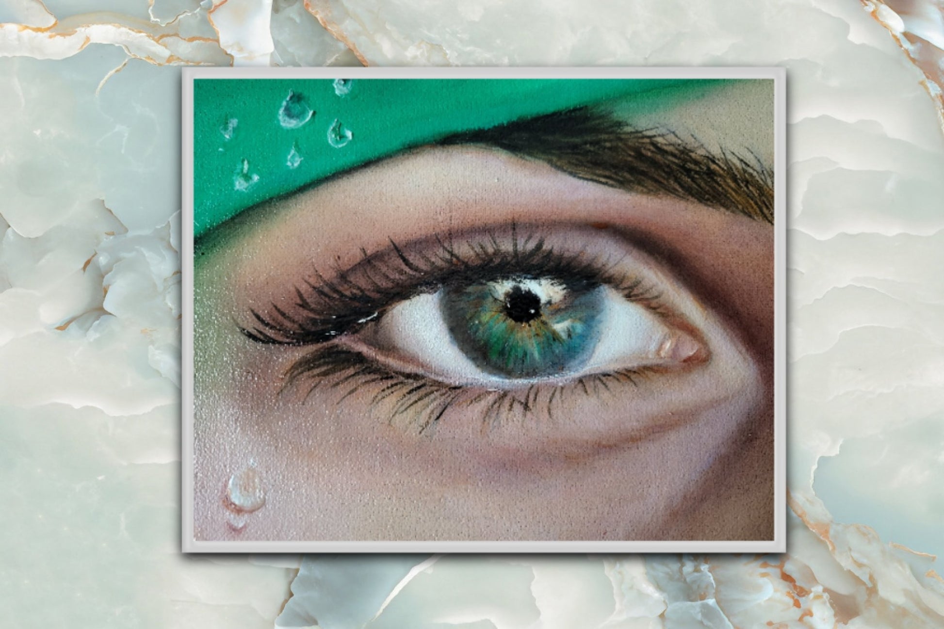 Extreme close up of a photorealistic human eye from the original oil painting Through the Rain by Nersel Muehlen, featuring a vibrant green iris and intricate water droplets on a marble patterned background at Mitsooz.