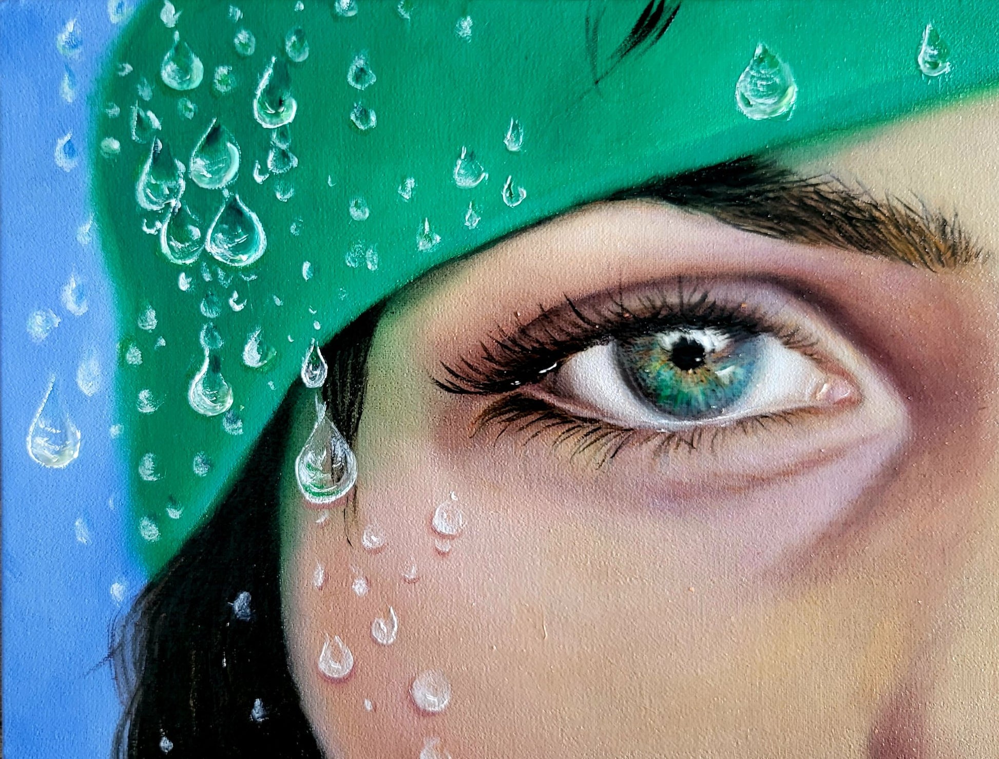 A 9x12 original oil painting titled Through the Rain by Nersel Muehlen featuring an extreme close up of a soulful eye with realistic raindrops on Mitsooz.